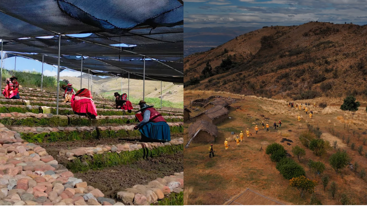 Indigenous women in bright red and blue skirts kneel on stone tiered seating under shade canopies, with a hilly landscape in the background.